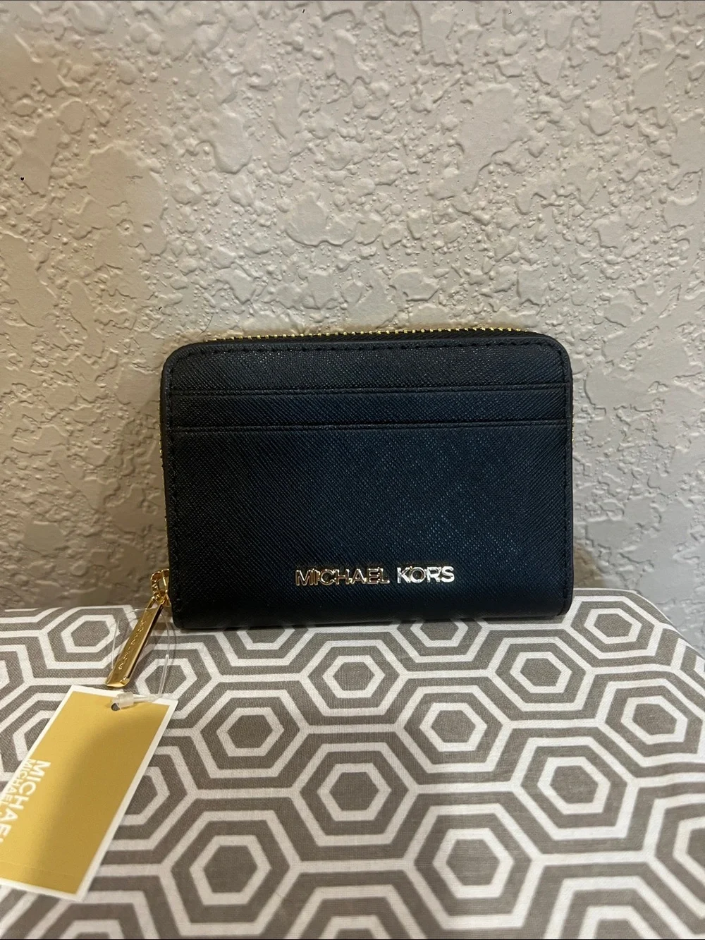MICHAEL Michael Kors Black Saffiano Zip Card Case with Gold Hardware